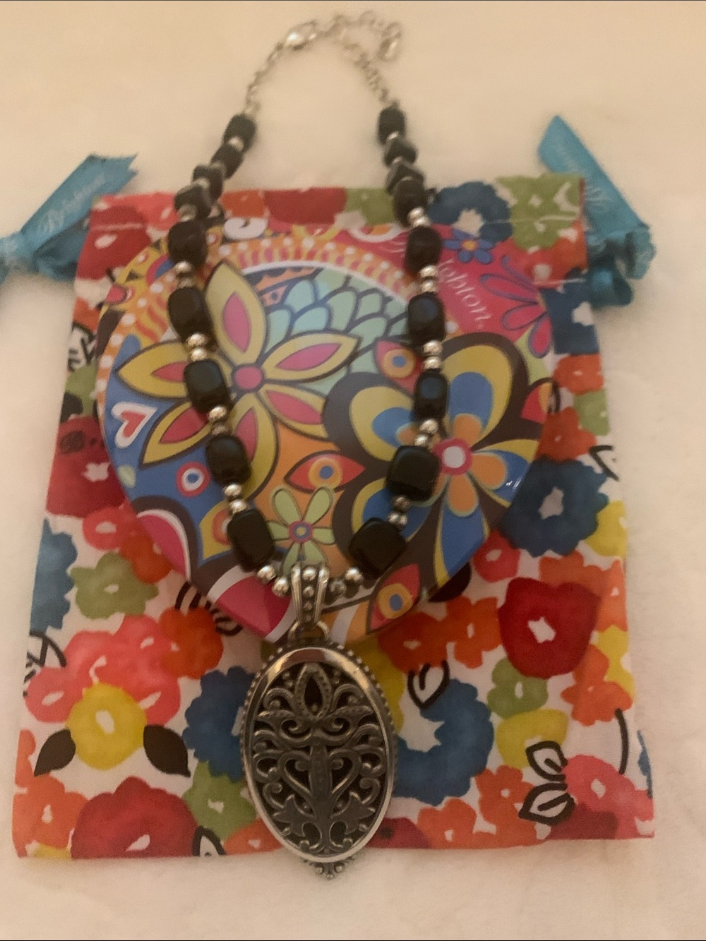 Brighton Black Bead Necklace with Silver-Tone Filigree Pendant and Accent Beads